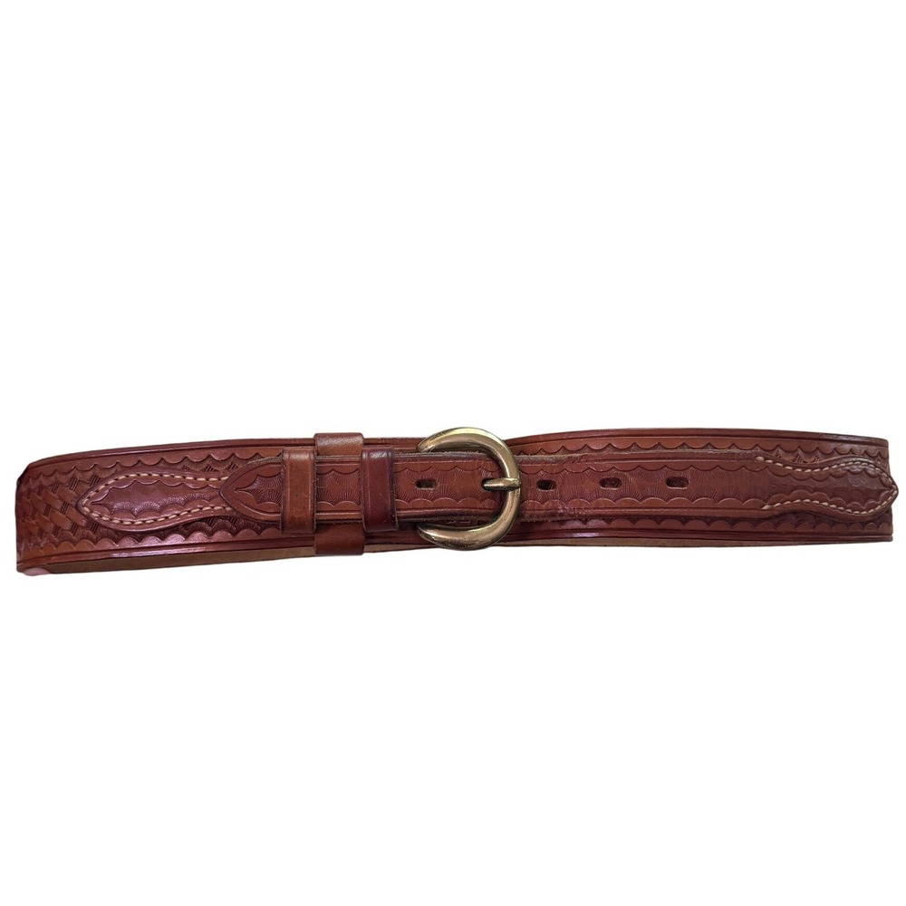 Bianchi B432 Brown Tooled Leather Belt Handmade for LL Bean Basketweave Mens 32